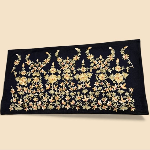 Wool Floral Embroidered Lumbar Pillow Cover With Solid Black Reverse - Picture 7 of 7